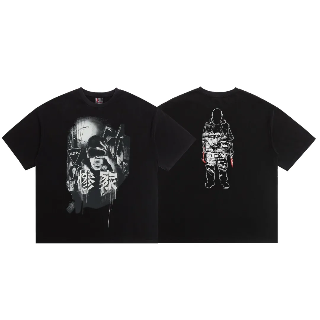 Saint Michael butterfly control house's retro printed distressed washed loose short-sleeved T-shirt with digital white ink direct injection, the fabric is breathable and the pattern is three-dimensional and clear. Fabric: Double yarn 240g Style number: S961 Size: S-M-L-XL Color: Black Price: P118